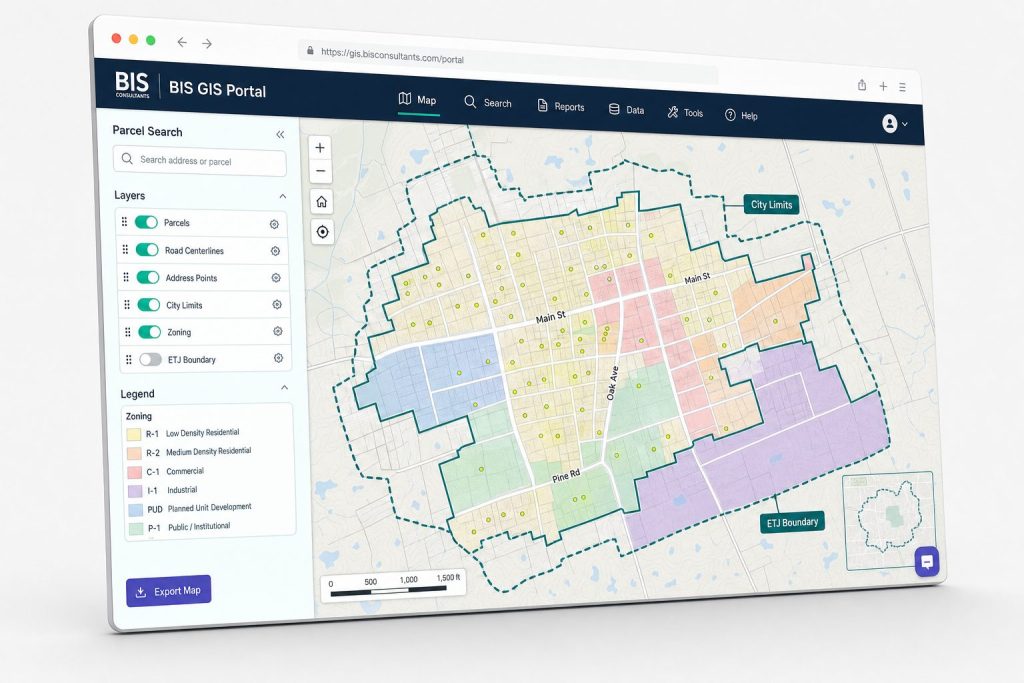 Mockup of a public GIS web map with parcel boundaries, address points, zoning layers, and search tools.