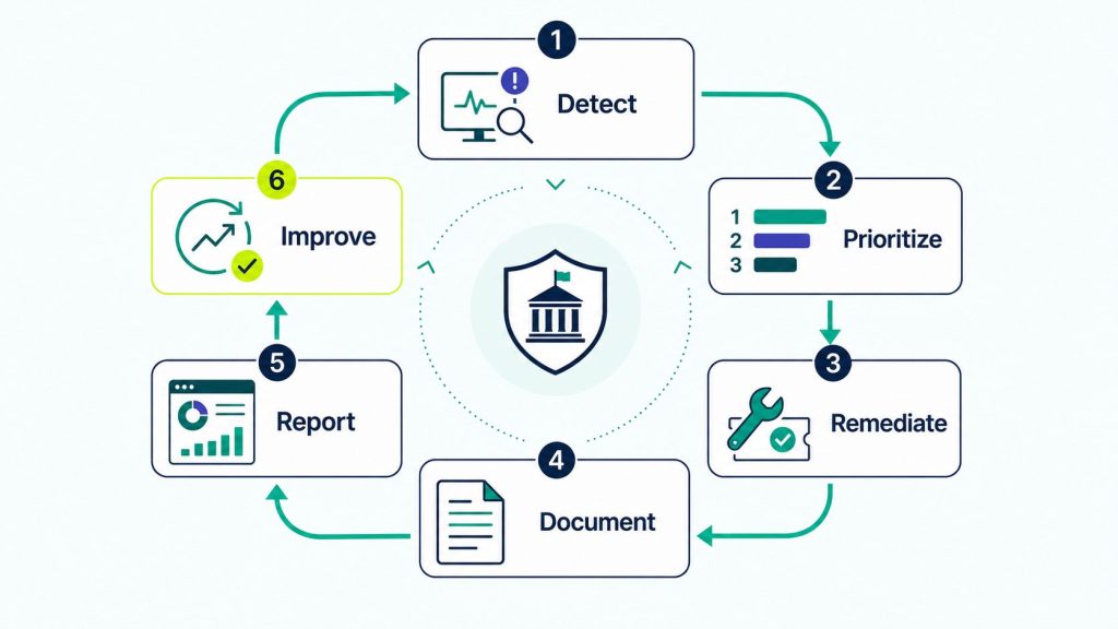 Six-step proactive IT maintenance workflow: detect, prioritize, remediate, document, report, and improve.